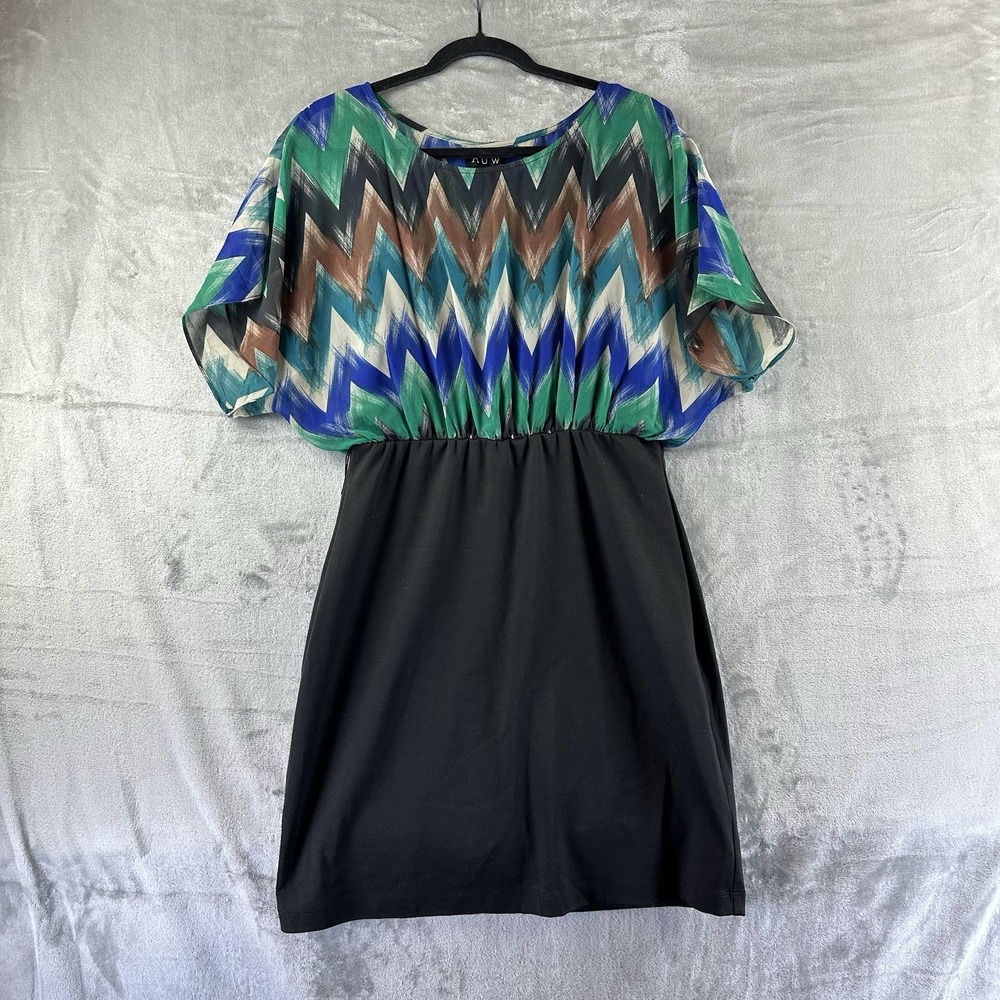 AUW Dress Women's M Black w/ Blue Green Brown Chevron Print Sheer Lined Top